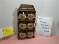 Coffee House Set, Wooden Holder, 6 Ceramic Mugs
