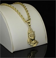 Praying Hands Pendant Cz 24" Rope Chain Necklace