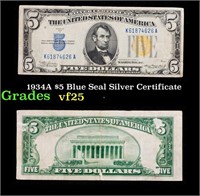 1934A $5 Blue Seal Silver Certificate Grades vf+