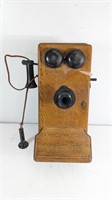 Vintage Hand Crank Wood Box Telephone