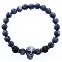 Grey Lava Stone Bead Bracelet w/ Skull Head