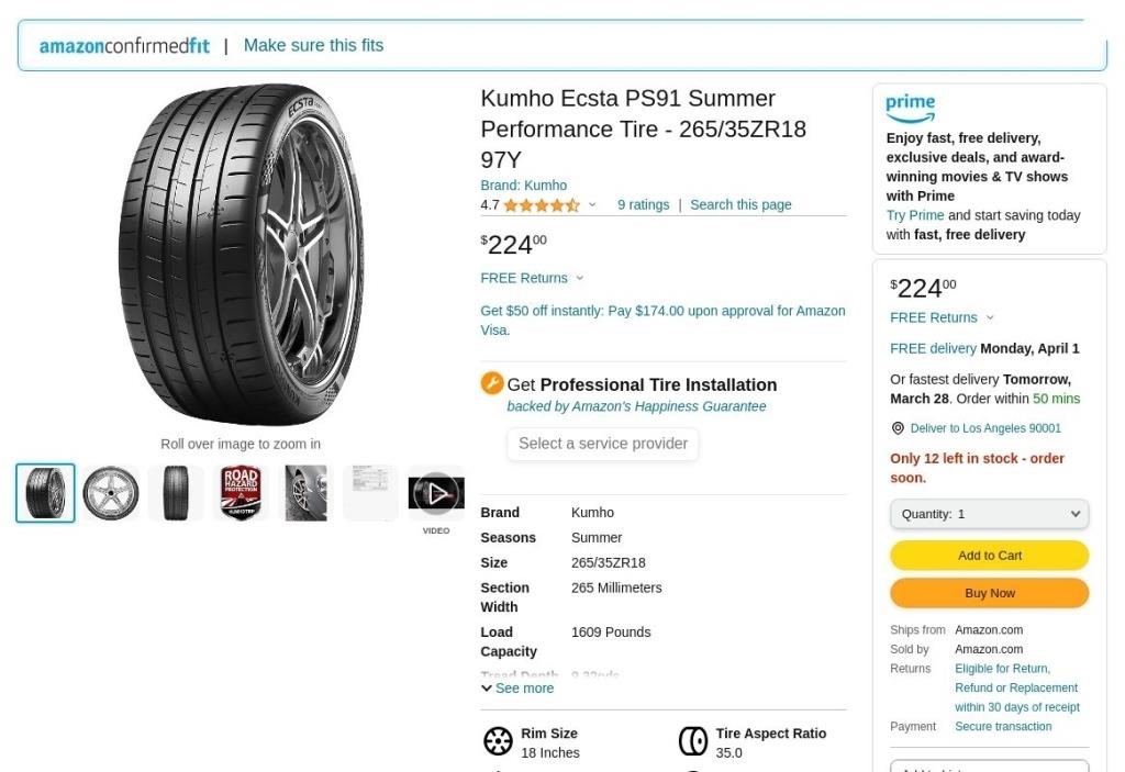 FM7415  Kumho Ecsta PS91 Tire 265/35ZR18