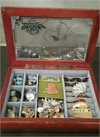 Jewelry Box With Assorted Pins, Earrings, &