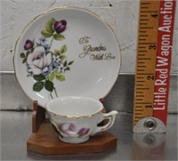 Mini cup & saucer, stand "To Grandma With Love"