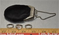 .925 stamped silver rings, vintage purse, notes