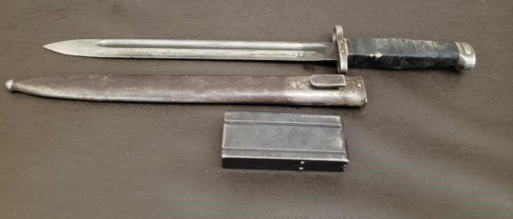 Vintage Bayonet & 30 Cal Carbine (?) Clip w/