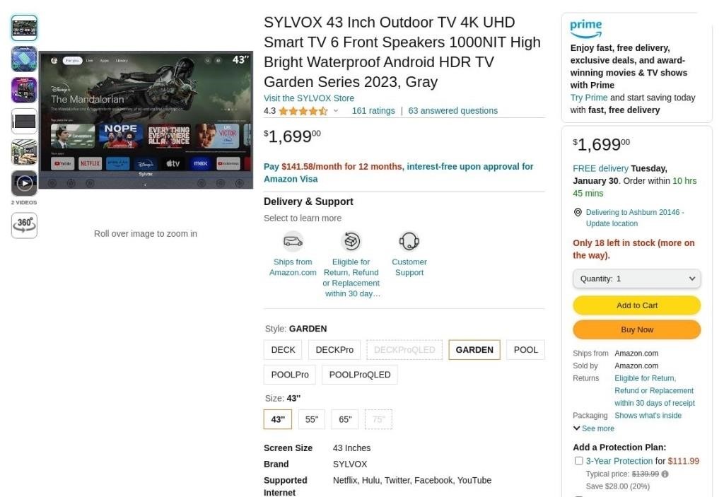 O3061  SYLVOX Outdoor TV 43'' 4K UHD Smart TV