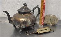 Silverplate tea pot, match holder, scale