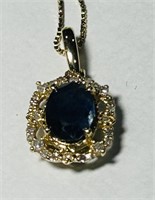 14KT YELLOW GOLD SAPPHIRE & DIAMOND PENDANT WITH