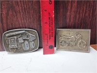 Pair Vintage Metal Belt Buckles-Motorcycle & Rig