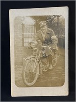 WWI Photocard Soldier on Early Motorcycle