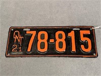 1921 Ontario Licence Plate