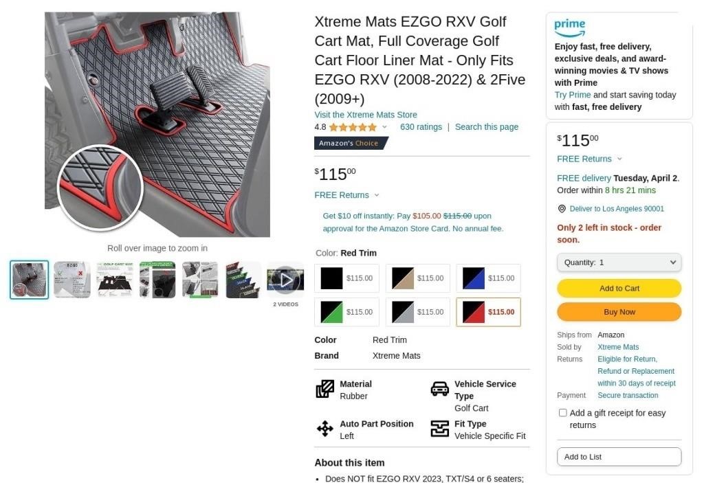 W21  Xtreme Mats EZGO RXV Golf Cart Floor Mat
