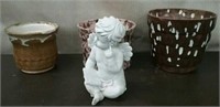 3 Ceramic Planters & Garden Cherub