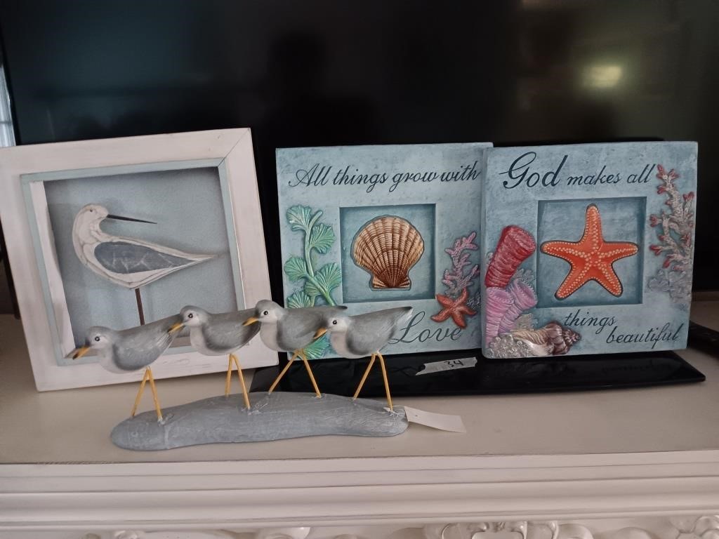 4 pieces, nautical birds and shells.