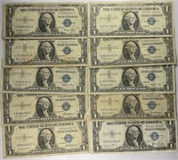 Lot of 10: $1 Silver Certificates