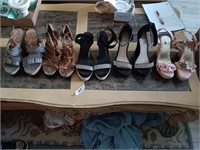 5 pair of women's size 8 widge shoes and basket