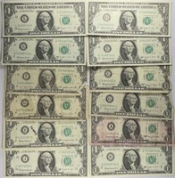 Lot of 12: $1 Federal Reserve Notes