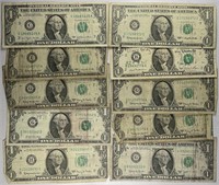 Lot of 10: $1 Federal Reserve Notes