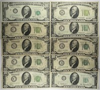Lot of 10: $10 Federal Reserve Notes