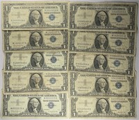 Lot of 10: $1 Silver Certificates