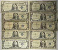 Lot of 10: $1 Silver Certificates