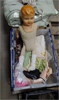 Vintage Doll & Clothes in Lidded Tote