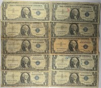 Lot of 10: $1 Silver Certificates