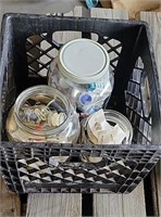(3) Jars of Sewing Supplies in Milk Crate