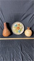 Vintage clay vase, chalk wall hanger, and nut jar