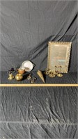 Misc brass lot. Candle holders, mirror and more