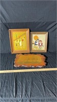 2 needlepoint pictures and wooden wall hanger