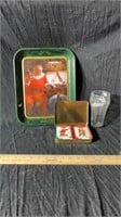 Coca-Cola Christmas tray, playing cards, glass