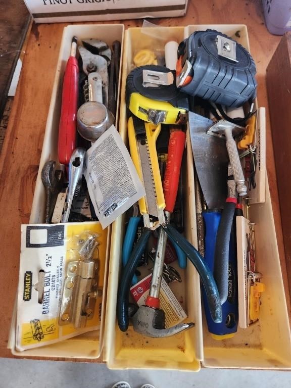 Box lot - household hand tools, tape measures,