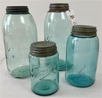 4 Blue Ball Mason Canning Jars, w/zinc caps,