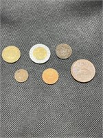 Mexican coins, Pakistani coin, and 2 penning