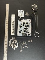 Silver and black costume jewelry lot