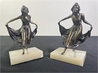 Bronze Curtseying Girl Marble Base Bookends