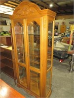 OAK 2 DOOR GLASS LIGHTED MIRROR CURIO CABINET