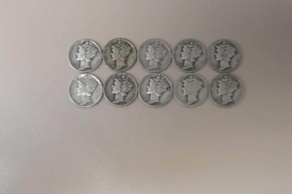 (10) MERCURY DIMES VARIOUS DATES & MM 90%