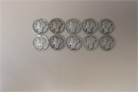 (10) MERCURY DIMES VARIOUS DATES & MM 90%