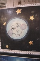 SIGNED PAINTING OF MOON  & STARS ON WOOD
