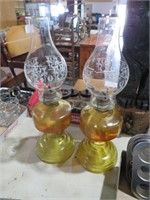 PAIR OF AMBER COLORED OIL LAMPS W VINTAGE STACKS