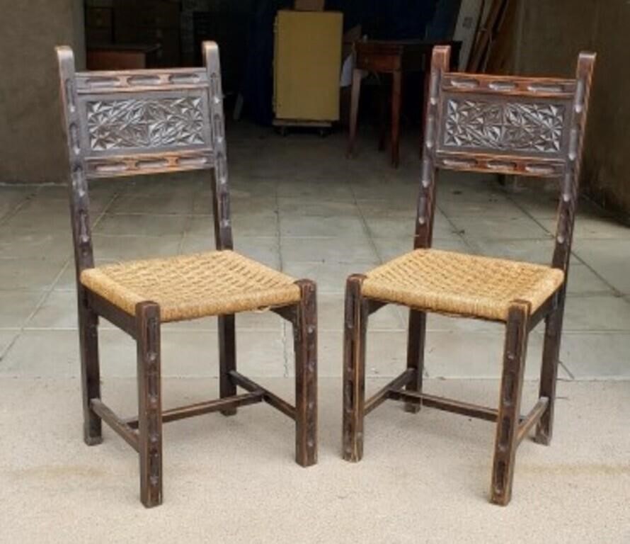 Pair of Antique Carved Rush Bottom side chairs