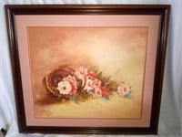 Stunning Tipped Basket of Flowers Oil on Canvas