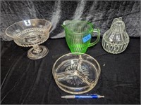 Green Glass Pitcher; (3) Pieces of Clear Glass: