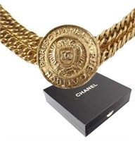 Chanel Gold Tone Medallion Chain Necklace