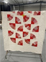 LOOKS LIKE TWIN SIZE HAND STITCHED RED FAN QUILT