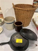 LAUNDRY BASKET, UNMARKED CAST IRON COVERED