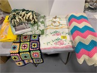 2 PAIRS OF NEEDLEPOINT PILLOWCASES, AFGHANS,